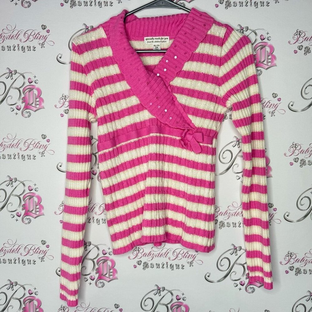 Sweater candy striped ribbon bow tie detail sequins sparkly knitted crochet y2k